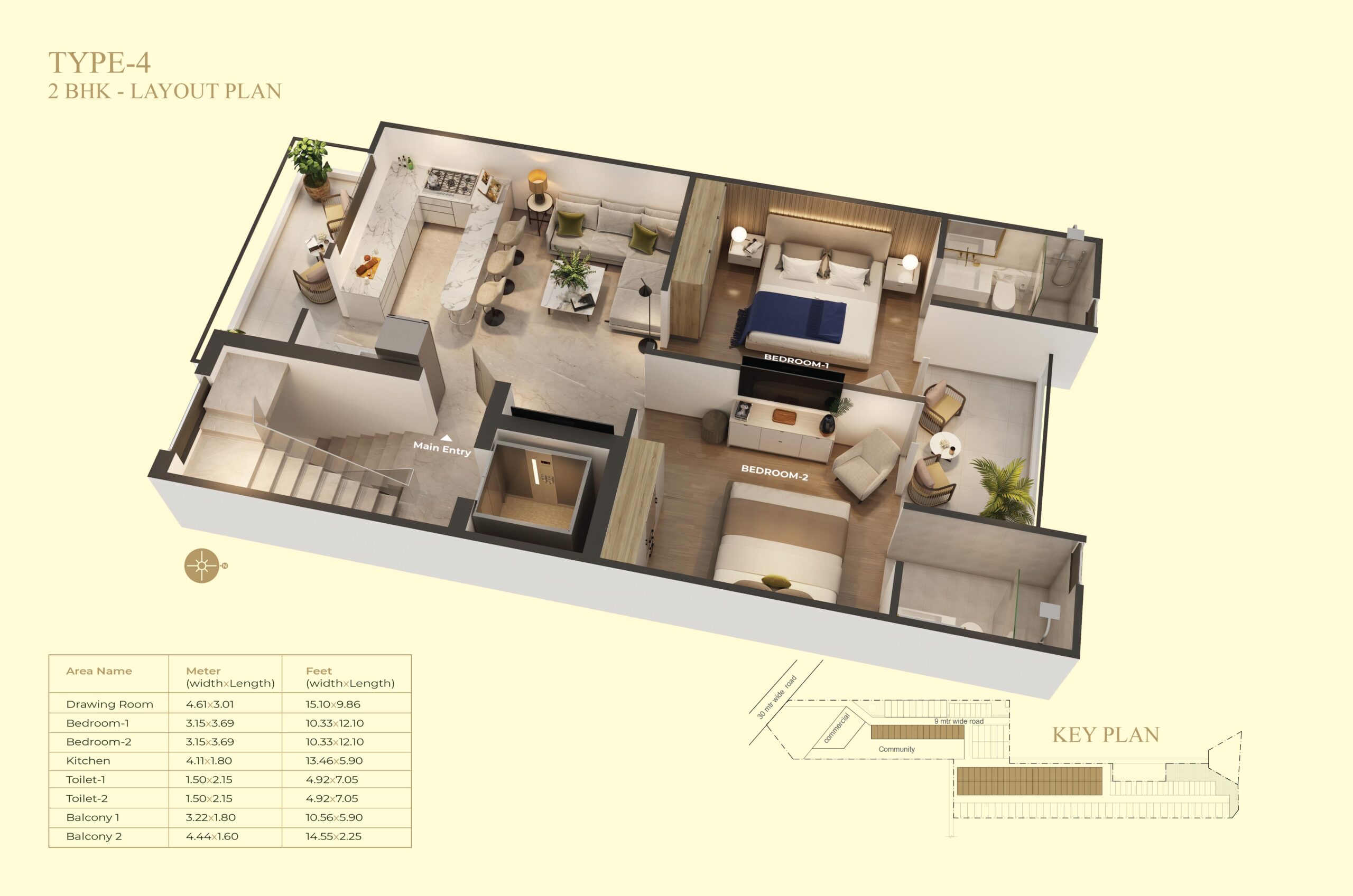 Suncity Vatsal Valley 2 BHK Plan 4 (1130-Sq. Ft.)