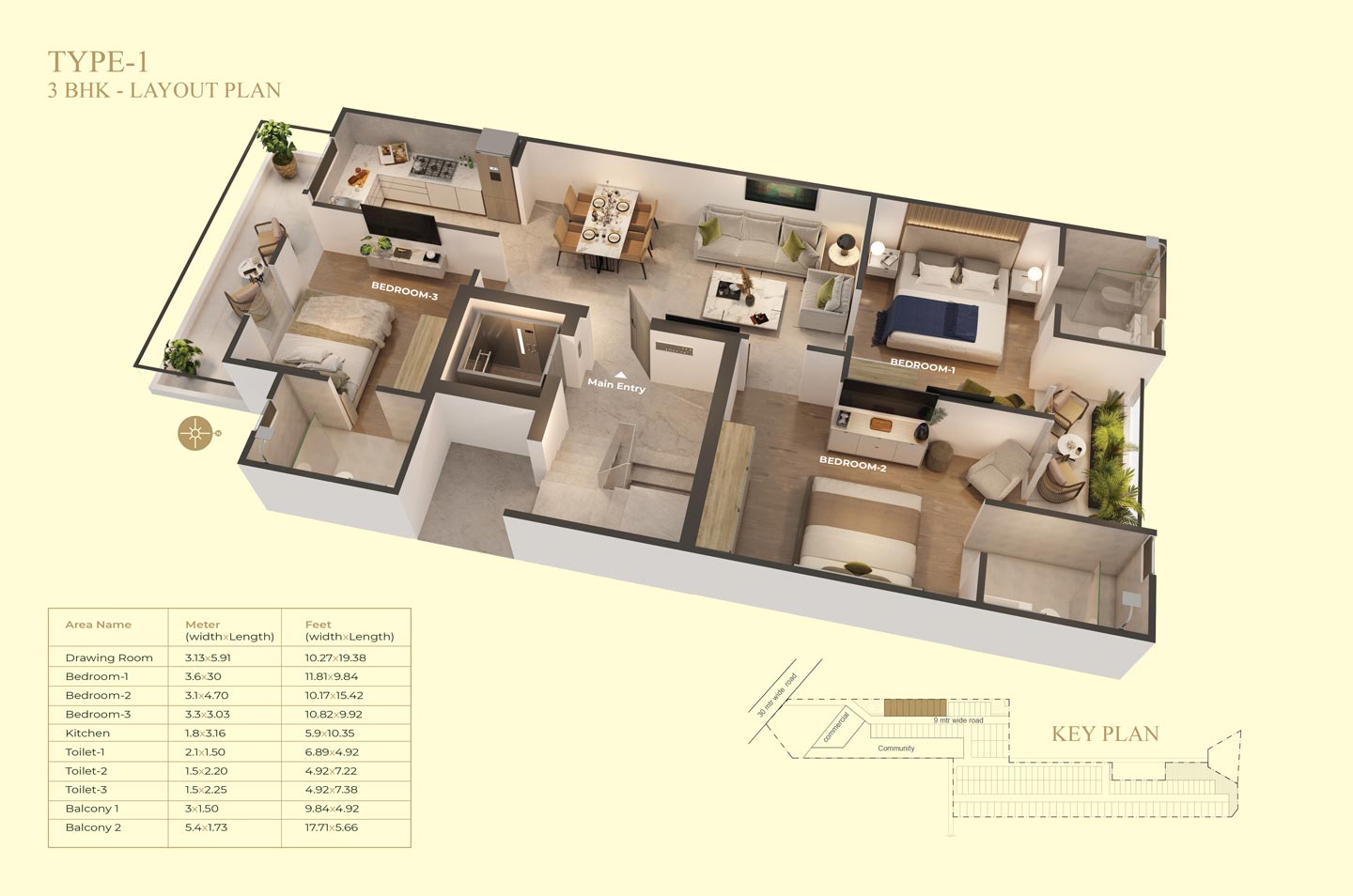 Suncity Vatsal Valley 3 BHK Plan (1430 Sq. Ft.)