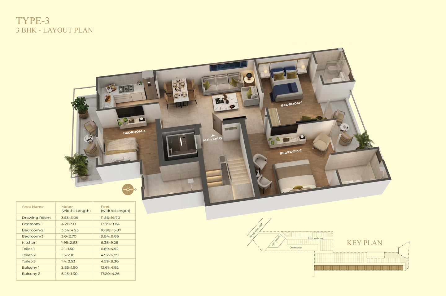 Suncity Vatsal Valley 3 BHK Plan 3 (1430 Sq. Ft.)